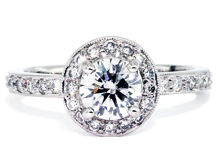 Round Milgrain Diamond Halo Platinum Engagement Ring Setting