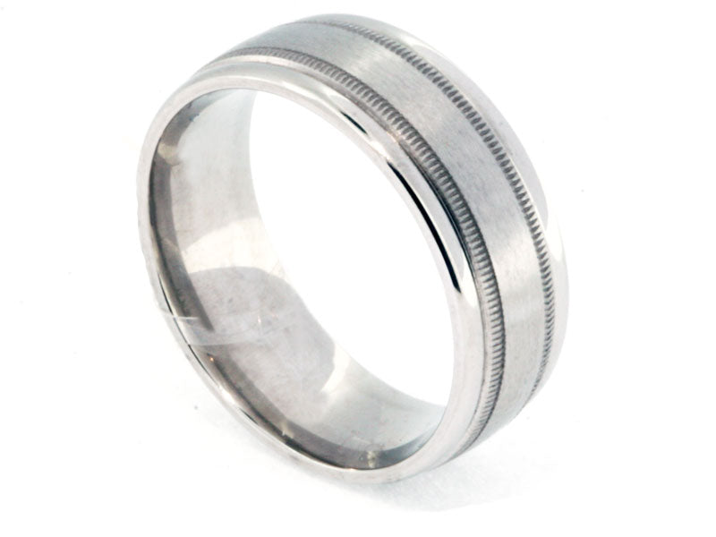 8mm Platinum Satin Milgrain Wedding Band