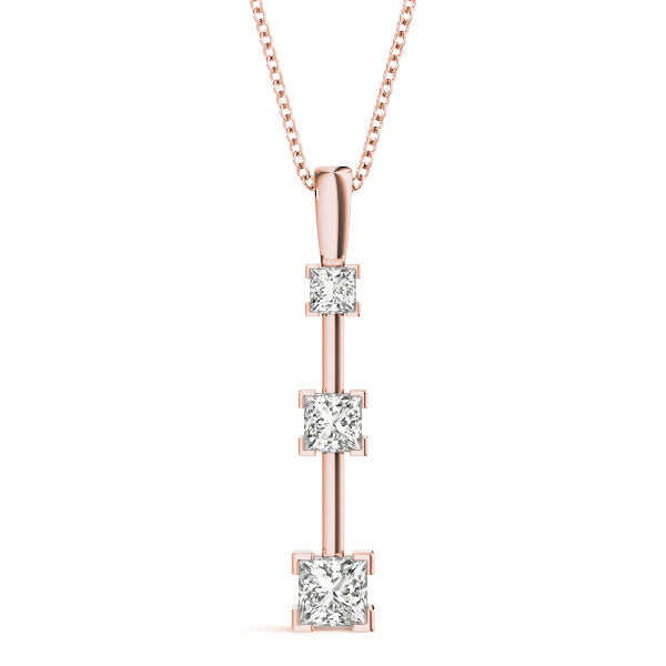 14K Rose Gold Square Diamond 3-Stone Pendant Necklace