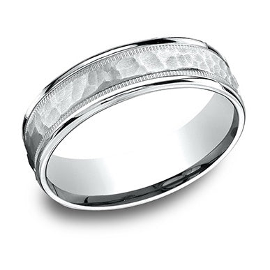 14K White Gold Wedding Band with Hammered Finish and Milgrain Detailing
