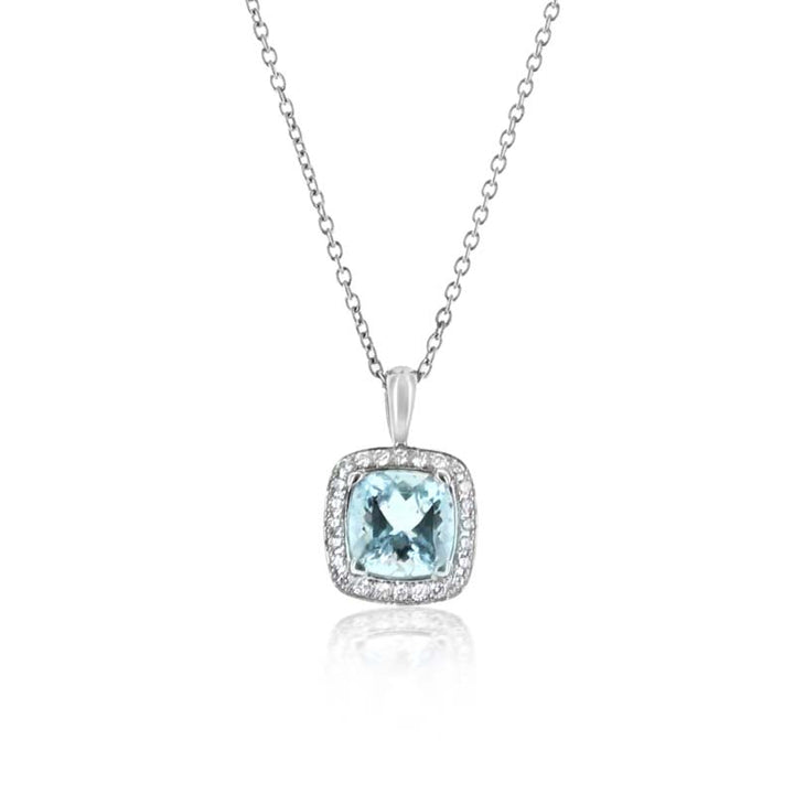 Pretty Cushion Cut Halo Style Aquamarine and Diamond Pendant