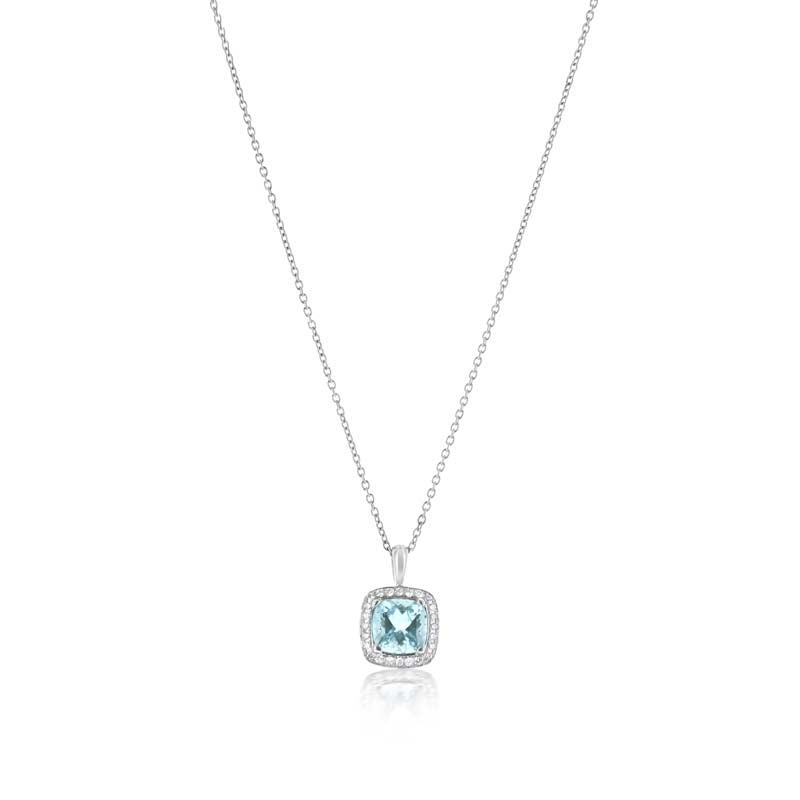 Pretty Cushion Cut Halo Style Aquamarine and Diamond Pendant