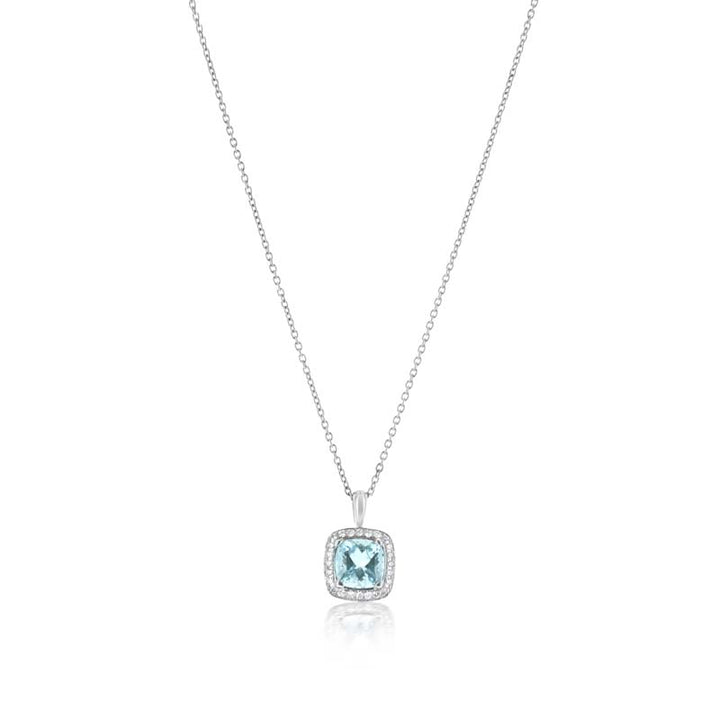 Pretty Cushion Cut Halo Style Aquamarine and Diamond Pendant