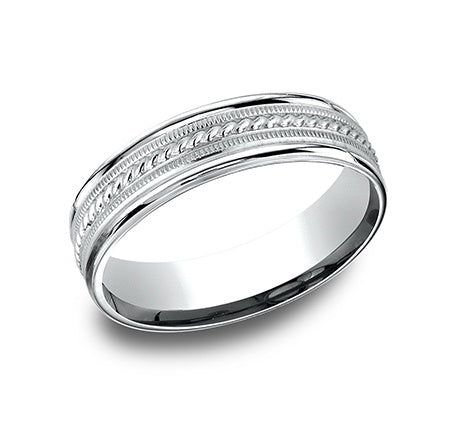 Platinum Wedding Band 6mm High Polish Satin Rope Center With Milgrain Details