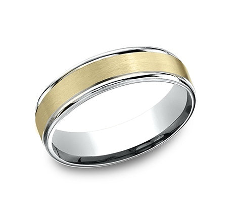 6mm Wedding Band Plat High With Polished Edge And 18kt Yellow Flat Satin Center