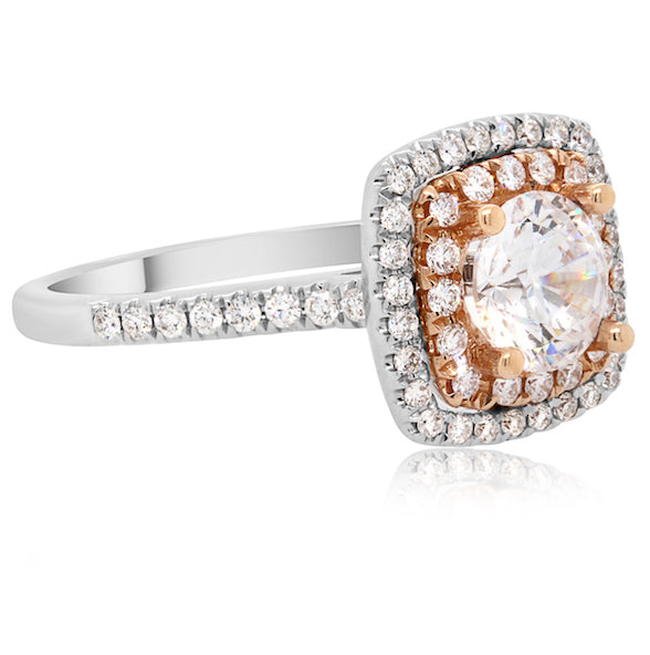 Double-row Style Halo Diamond Engagement Ring Setting in 18k White and Rose Gold