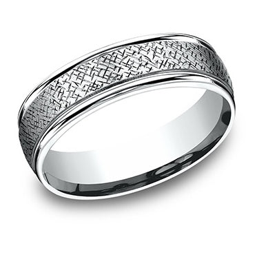 Intricate Wire Brushed Design Polished Edges 14K White Gold Band