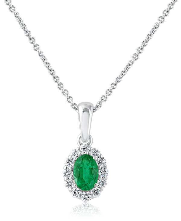 18kt White Gold .37ct Oval Emerald & Round Diamonds Pendant