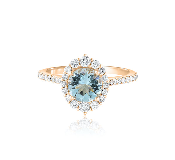 14k Rose Gold Round Aqua & Diamonds Ring