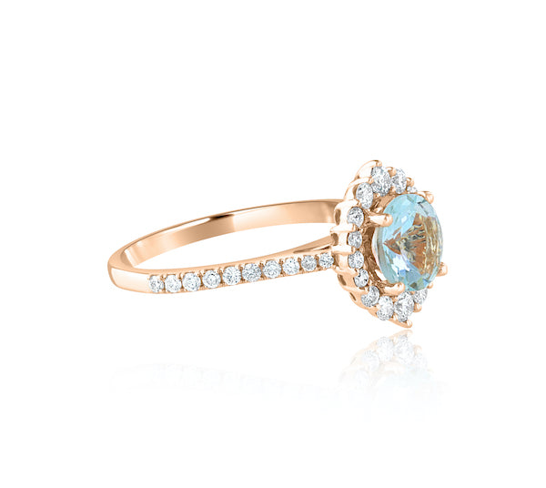 14k Rose Gold Round Aqua & Diamonds Ring