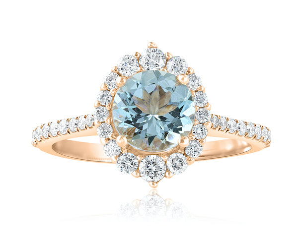 14k Rose Gold Round Aqua & Diamonds Ring