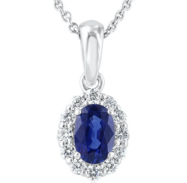18kt White Gold .53ct Oval Blue Sapphire & Round Diamonds Pendant