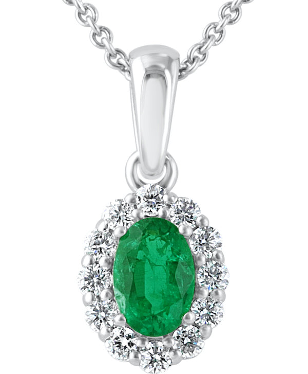 18kt White Gold .37ct Oval Emerald & Round Diamonds Pendant