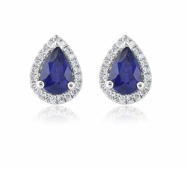 Pear-Shaped 0.93 Carat Sapphire & 0.15 Carat Diamond Halo 18K White Gold Earrings