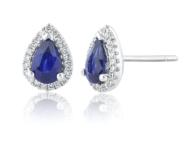 Pear-Shaped 0.93 Carat Sapphire & 0.15 Carat Diamond Halo 18K White Gold Earrings