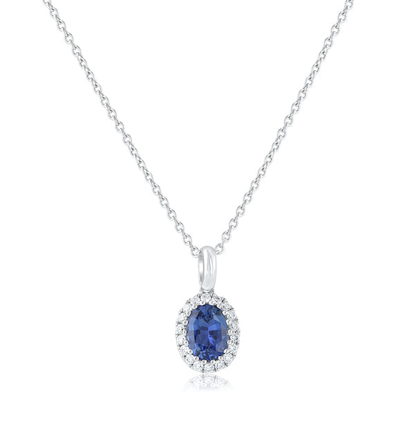 Bold 1.27 Carat Oval Sapphire & 0.27 Carat Diamond Halo 18K White Gold Pendant
