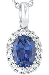 Bold 1.27 Carat Oval Sapphire & 0.27 Carat Diamond Halo 18K White Gold Pendant