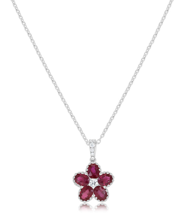 Floral 1.57 Carat Ruby & 0.13 Carat Diamond 18K White Gold Pendant