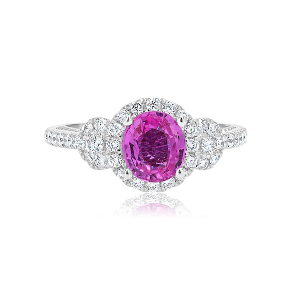 Chic 1.36 Pink Oval Sapphire & 0.52 Carat Diamond 18K White Gold Halo Ring