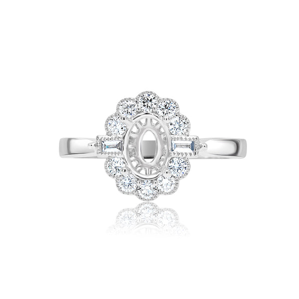 Antique-Style 0.38 Carat Baguette & Round Diamond 18K White Gold Halo Engagement Setting
