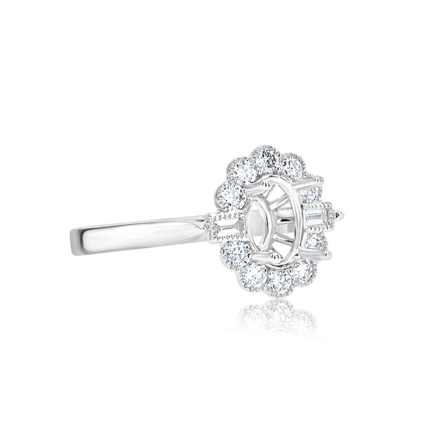 Antique-Style 0.38 Carat Baguette & Round Diamond 18K White Gold Halo Engagement Setting