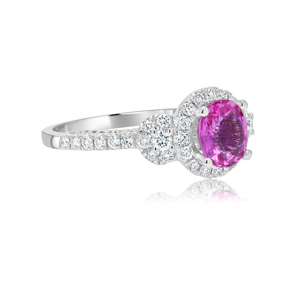 Chic 1.36 Pink Oval Sapphire & 0.52 Carat Diamond 18K White Gold Halo Ring