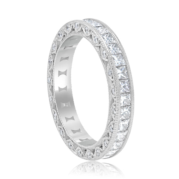 Vintage-Inspired Diamond 18K White Gold Milgrain Design Eternity Band