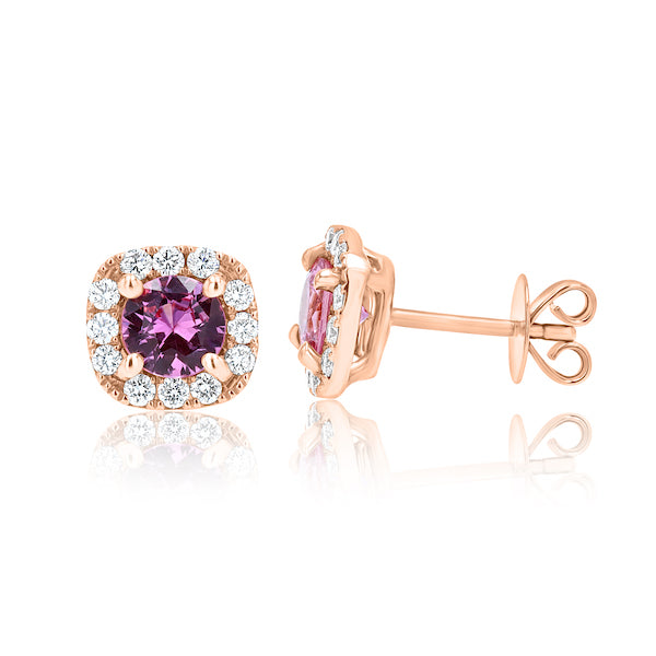Pink Sapphire & Diamond Halo 18K Rose Gold Earrings
