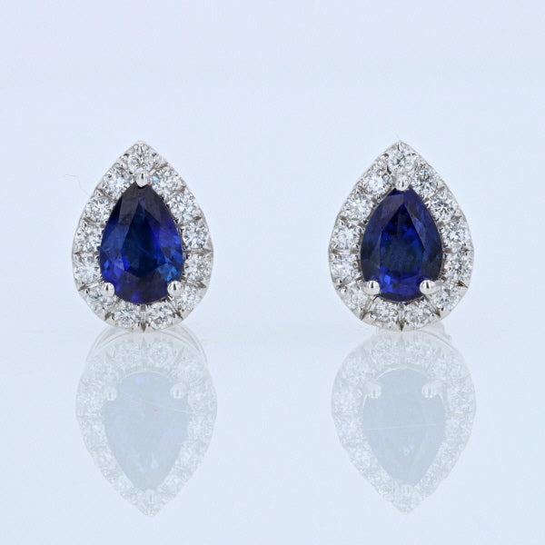 Pear Shape Blue Sapphire & Diamonds 14K White Gold Earrings
