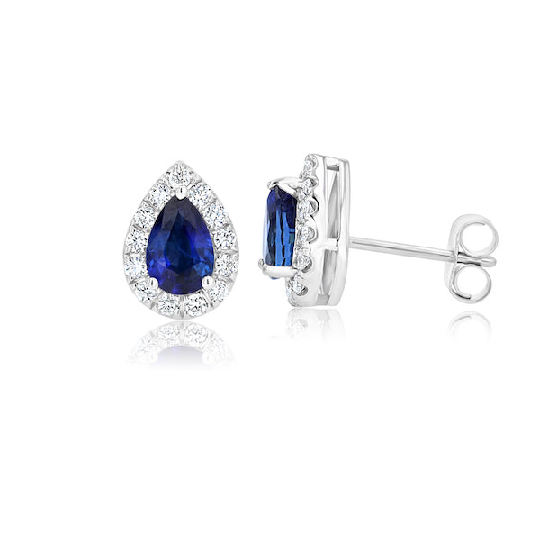Pear Shape Blue Sapphire & Diamonds 14K White Gold Earrings