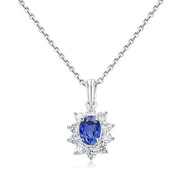 Striking 0.68 Carat Oval Blue Sapphire & 0.34 Carat Diamond Halo 18K White Gold Pendant
