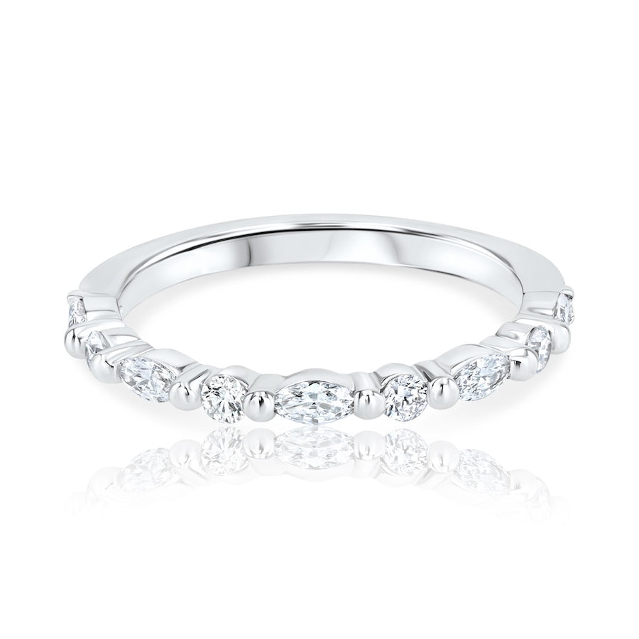 Alternating Round & Marquise Diamond 18K White Gold Wedding Band