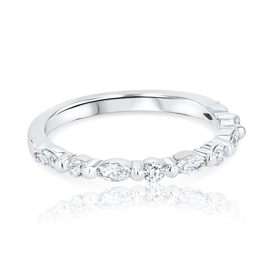 Alternating Round & Marquise Diamond 18K White Gold Wedding Band