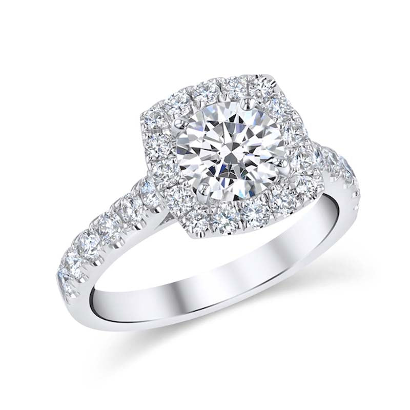 Cushion-Shaped 0.71 Carat Diamond Halo 18K White Gold Cathedral-Style Engagement Ring Setting
