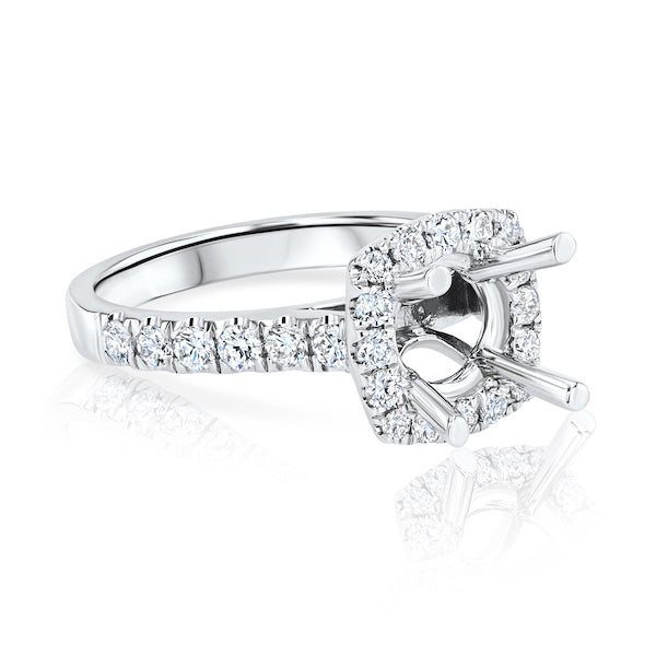 Cushion-Shaped 0.71 Carat Diamond Halo 18K White Gold Cathedral-Style Engagement Ring Setting