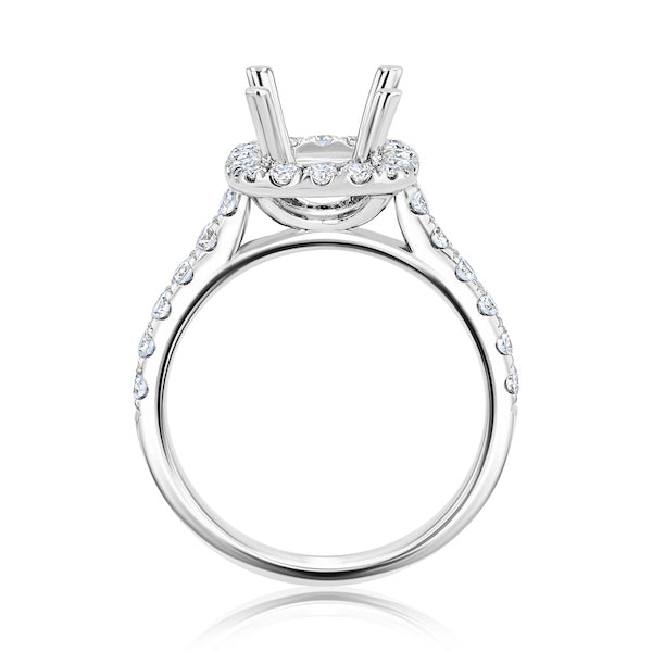 Cushion-Shaped 0.71 Carat Diamond Halo 18K White Gold Cathedral-Style Engagement Ring Setting