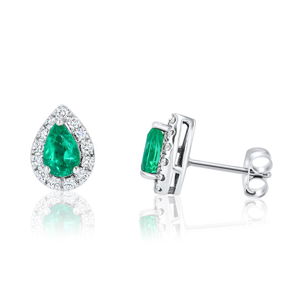 Quaint Pear-Shaped Emerald & Diamond Halo 14K White Gold Earrings