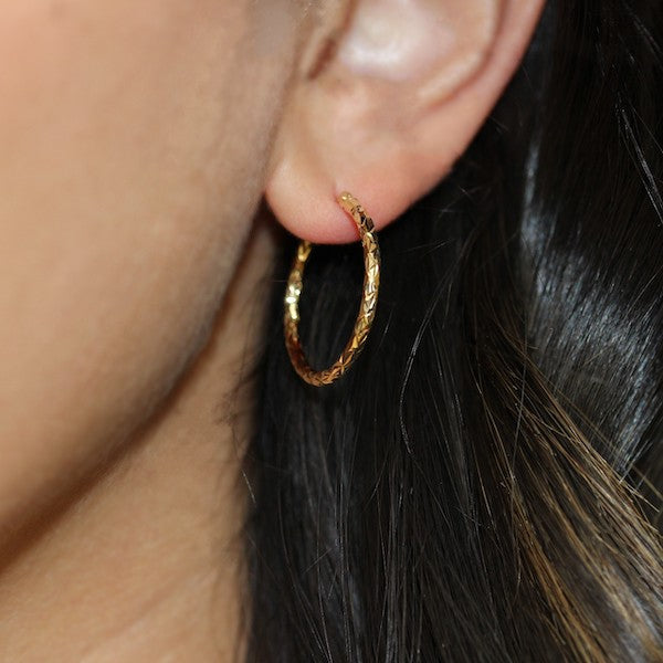 Crystal-Cut 14K Yellow Gold 2x25mm Hoop Earrings