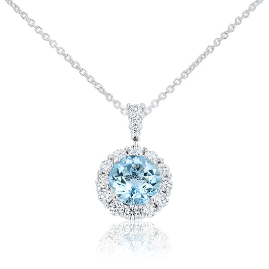 The "Destiny" Aqaumarine & Diamond Halo Platinum Pendant