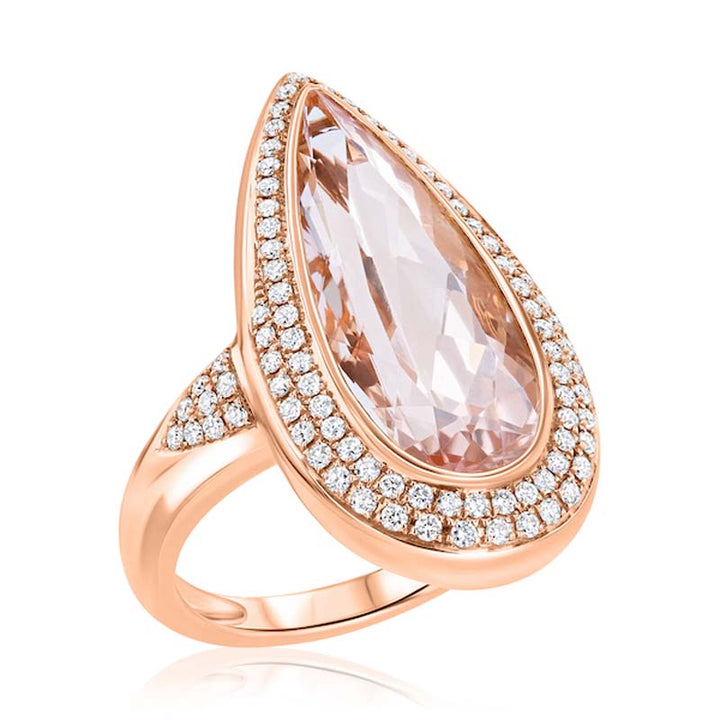 Wondrous Pear-Shaped Pink Morganite & Diamond Halo 18K Rose Gold Fashion Ring