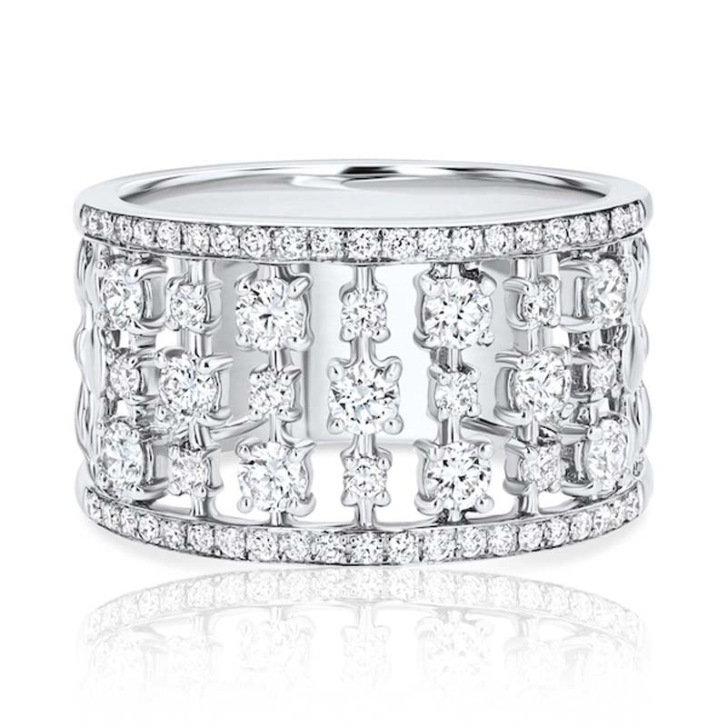 Multi-Row Alternating Diamond 18K White Gold Wide Fashion Ring