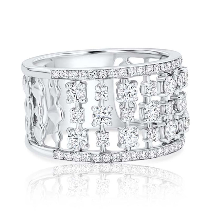 Multi-Row Alternating Diamond 18K White Gold Wide Fashion Ring
