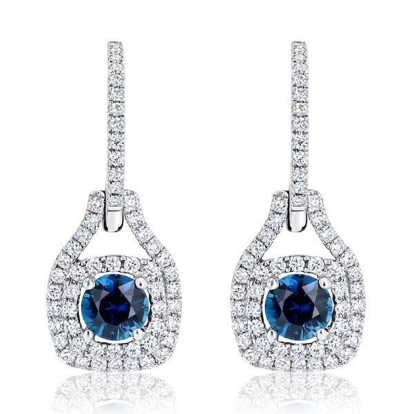 Door-Knocker Sapphire & Diamond Halo 18K White Gold Drop Earrings