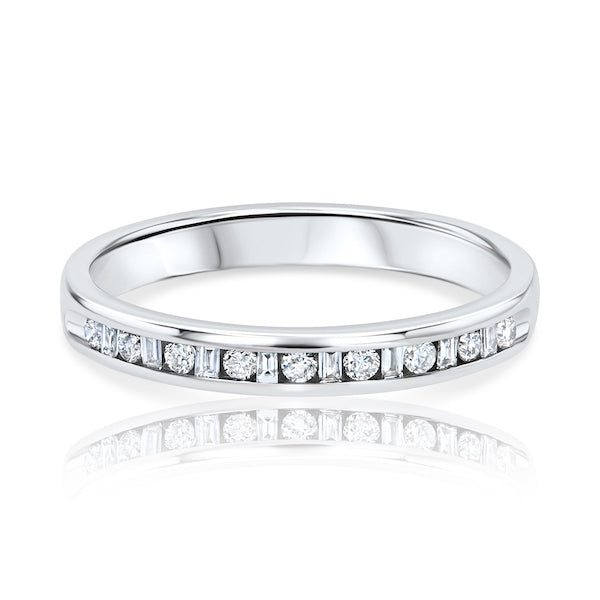 Alternating Round & Baguette Diamond Channel-Set 14K White Gold Band