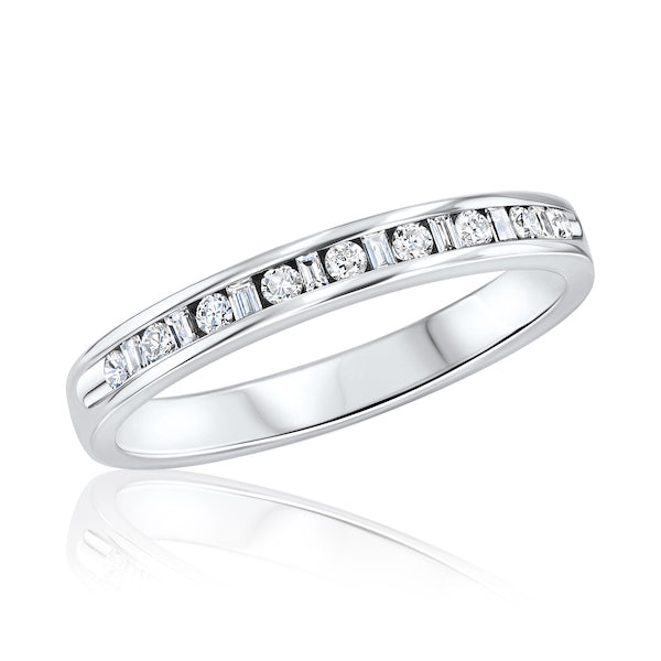 Alternating Round & Baguette Diamond Channel-Set 14K White Gold Band