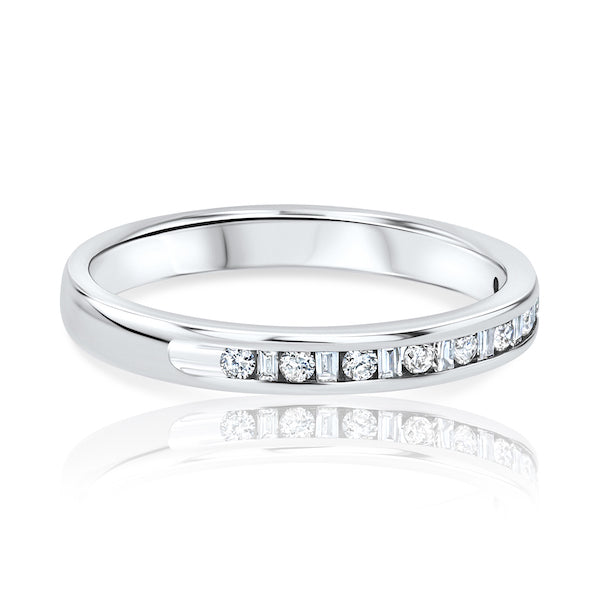 Alternating Round & Baguette Diamond Channel-Set 14K White Gold Band