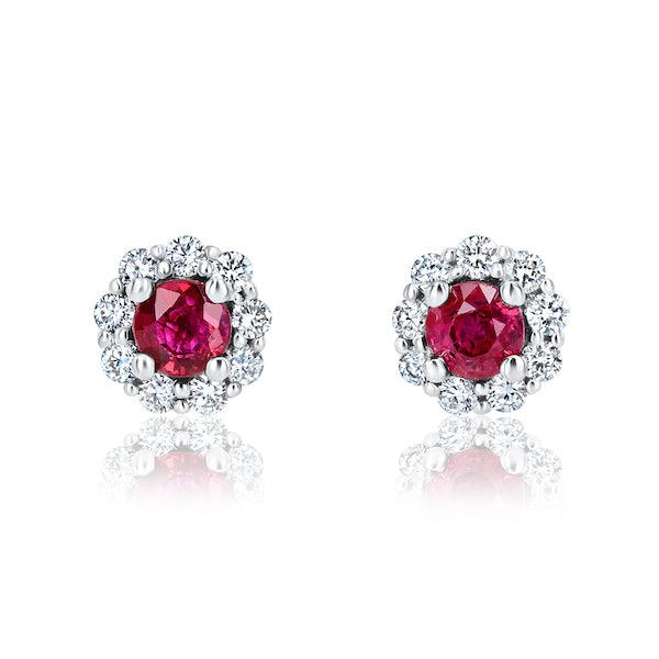 Petite Burma Ruby & Diamond Halo 18K White Gold Earrings