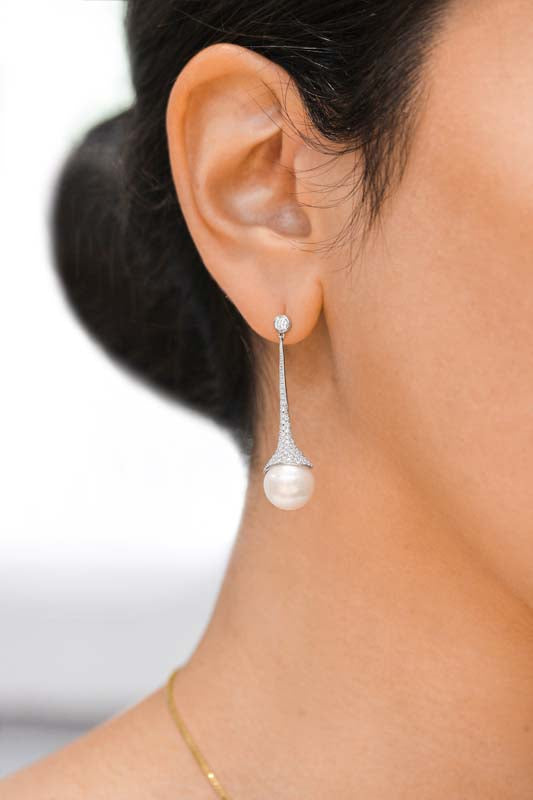 Teardrop 11mm Pearl & 1.15 Carat Diamond 18K White Gold Drop Earrings