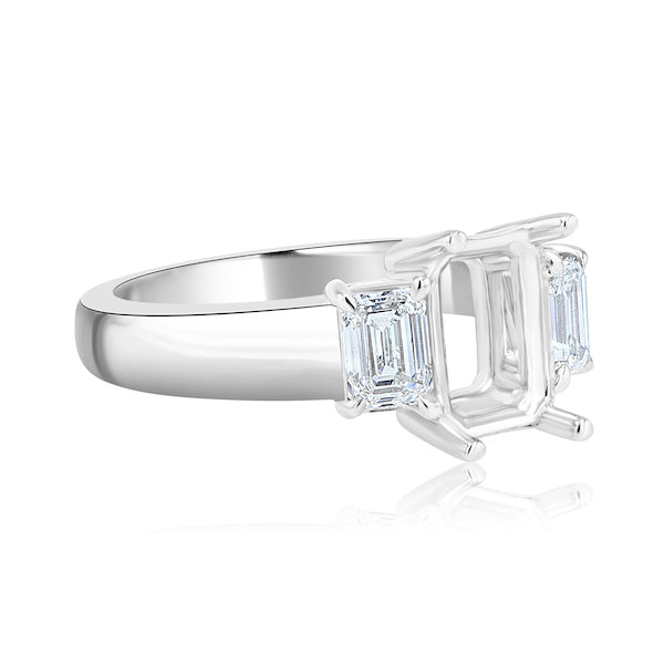 Three-Stone 1.02 Carat Emerald-Cut Diamond Platinum Engagement Ring Mounting