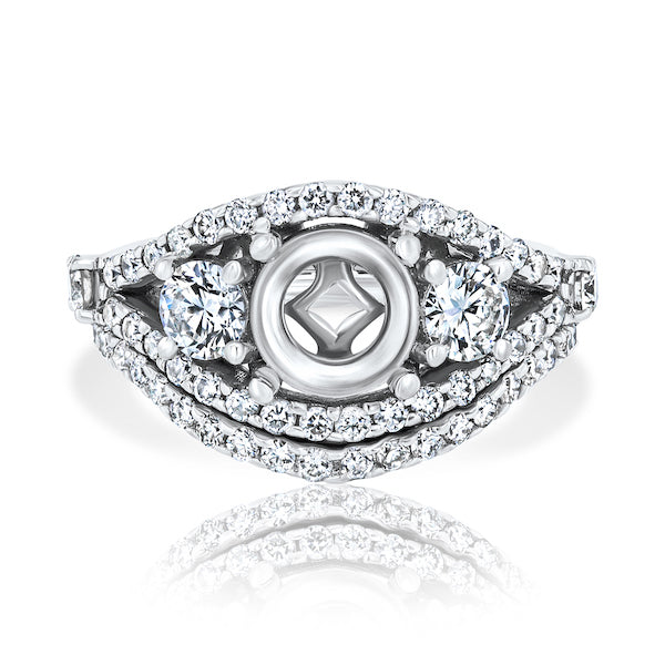 Layered Three-Stone Diamond Split-Shank 14K White Gold Engagement Ring Setting
